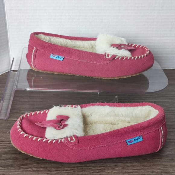 MOC PAPA  Fur Lined Moccasin  US 6 Loafer Pink Classic Cow Suede  Slipper - Picture 1 of 10